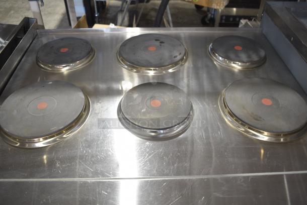 BRAND NEW SCRATCH AND DENT! 2023 Cookline ER36-240 Stainless Steel Commercial Electric Powered 6 Burner Hot Plate Range w/ Oven, Over Shelf and Backsplash. 240 Volts, 3 Phase. - Image 5 of 12