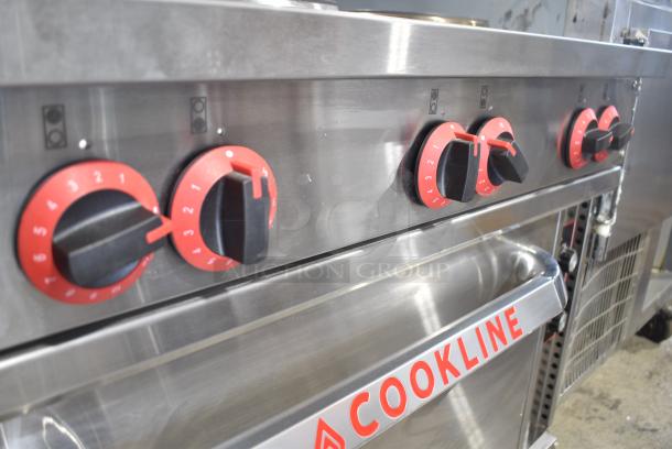BRAND NEW SCRATCH AND DENT! 2023 Cookline ER36-240 Stainless Steel Commercial Electric Powered 6 Burner Hot Plate Range w/ Oven, Over Shelf and Backsplash. 240 Volts, 3 Phase. - Image 6 of 12