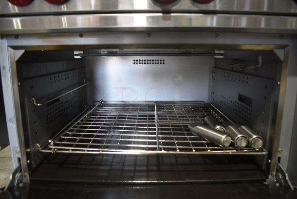 BRAND NEW SCRATCH AND DENT! 2023 Cookline ER36-240 Stainless Steel Commercial Electric Powered 6 Burner Hot Plate Range w/ Oven, Over Shelf and Backsplash. 240 Volts, 3 Phase. - Image 9 of 12