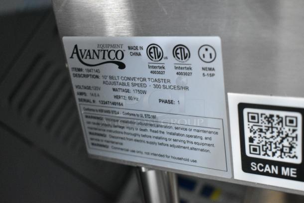 BRAND NEW SCRATCH AND DENT! Avantco 184T140 T140 Commercial 10" Wide Conveyor Toaster with 3" Opening. 300 Slices per Hour. 120 Volts, 1 Phase. Cannot Test Due To Plug Style - Image 8 of 8