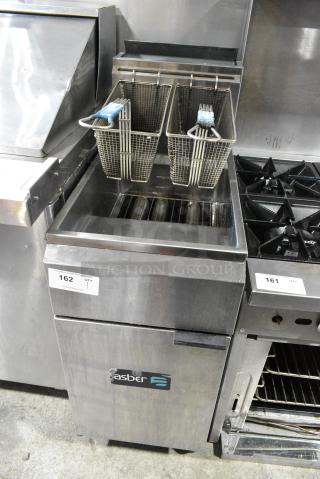 Asber Stainless Steel Commercial Floor Style Natural Gas Powered Deep Fat Fryer w/ 2 Metal Fry Baskets on Commercial Casters.