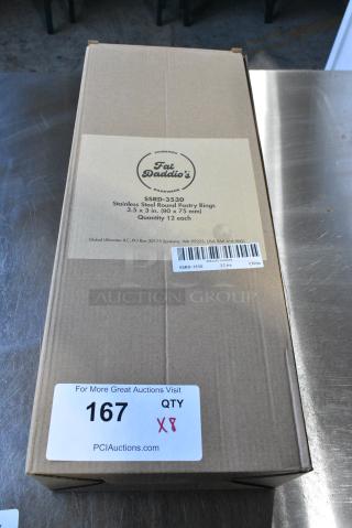 8 BRAND NEW SCRATCH AND DENT! Fat Daddio's SSRD-3530 ProSeries 3 1/2" x 3" Stainless Steel Round Cake / Food Ring Mold. 8 Times Your Bid!