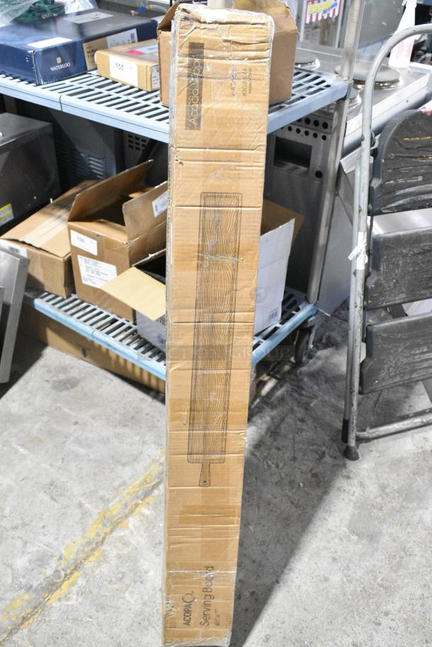 2 BRAND NEW SCRATCH AND DENT!  Boxes of 6 Acopa 303XL44 43" x 7" XL Acacia Wood Serving Board with 5" Handle. 2 Times Your Bid! - Image 1 of 4