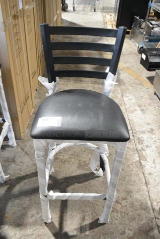 4 BRAND NEW SCRATCH AND DENT! Black Metal Bar Height Ladder Back Chair w/ Black Seat Cushion. 4 Times Your Bid!
