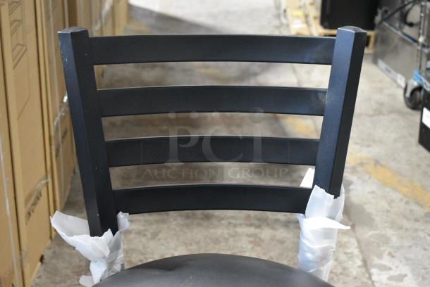 4 BRAND NEW SCRATCH AND DENT! Black Metal Bar Height Ladder Back Chair w/ Black Seat Cushion. 4 Times Your Bid! - Image 3 of 5