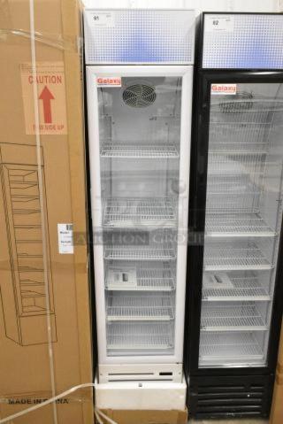 BRAND NEW IN BOX! Galaxy 177GDN5RBW Metal Commercial Single Door Reach In Cooler Merchandiser with Red, White, and Blue LED Lighting. 110-120 Volts, 1 Phase