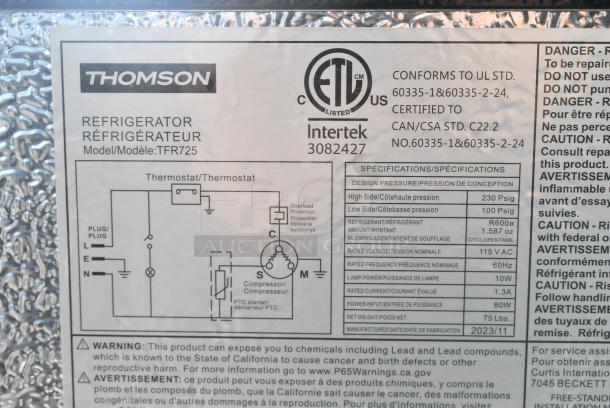 BRAND NEW SCRATCH AND DENT! Thomson TFR725 Refrigerator with Freezer and Rounded Chrome Corners. 115 Volts, 1 Phase. Tested and Working! - Image 6 of 7