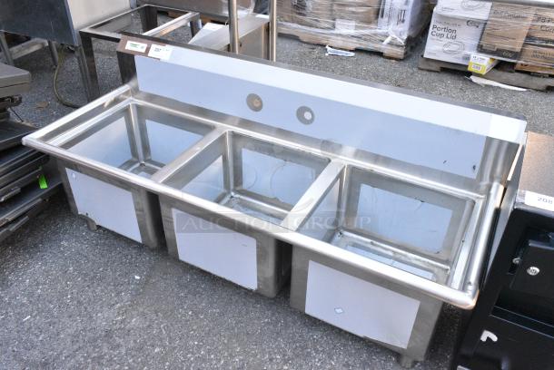 BRAND NEW SCRATCH AND DENT! Regency 600S31717 60" 16 Gauge Stainless Steel Three Compartment Commercial Sink with Galvanized Steel Legs - 17" x 17" x 12" Bowls. No Legs. - Image 2 of 7