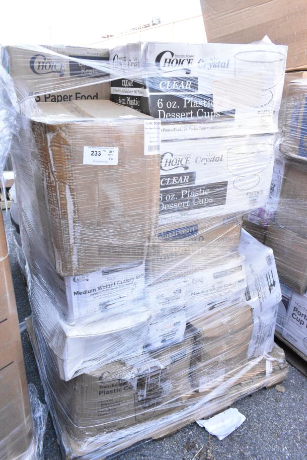 30 BRAND NEW SCRATCH AND DENT! Items Including 2 347DC6 Visions 6 oz. Clear Plastic 1-Piece Dessert Cup - 240/Case, 346BKFSM Choice Medium Weight Black Wrapped Polypropylene Plastic Cutlery Set with Knife, Fork, and Spoon - 500/Case, 500TW9 Choice 9 oz. Translucent Thin Wall Plastic Cold Cup - 2500/Case. 30 Times Your Bid! - Image 1 of 10