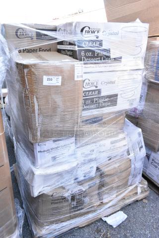 30 BRAND NEW SCRATCH AND DENT! Items Including 2 347DC6 Visions 6 oz. Clear Plastic 1-Piece Dessert Cup - 240/Case, 346BKFSM Choice Medium Weight Black Wrapped Polypropylene Plastic Cutlery Set with Knife, Fork, and Spoon - 500/Case, 500TW9 Choice 9 oz. Translucent Thin Wall Plastic Cold Cup - 2500/Case. 30 Times Your Bid!