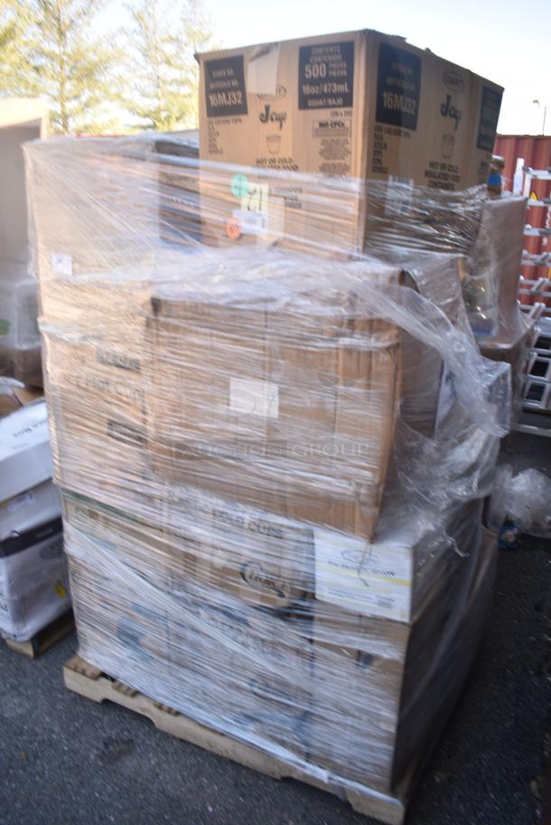 20 BRAND NEW SCRATCH AND DENT! Items Including 50012W Choice 12 oz. White Poly Paper Hot Cup - 1000/Case, 500MF883B3C Choice 8" x 8" 3-Compartment Microwaveable Black Mineral-Filled Plastic Hinged Take-Out Container - 150/Case, 130GDSPN400H Visions 6 3/4" Hammersmith Heavy Weight Gold Plastic Spoon - 400/Case, 500CC16 Choice Clear PET Customizable Plastic Cold Cup - 16 oz. - 1,000/Case, Dart 16MJ32 16 oz. Squat White Customizable Foam Food Container - 500/Case 30116MJ32, 500TO993C3 Choice 9" x 9" x 3" Microwaveable 3-Compartment Black / Clear Plastic Hinged Container - 100/Case. 20 Times Your Bid! - Image 3 of 12