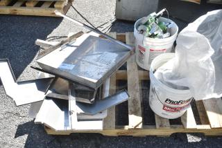 PALLET LOT of Various Items Including Metal Panels, Screws and White Poly Buckets!