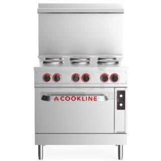 BRAND NEW SCRATCH AND DENT! 2023 Cookline ER36-240 Stainless Steel Commercial Electric Powered 6 Burner Hot Plate Range w/ Oven, Over Shelf and Backsplash. 240 Volts, 3 Phase.