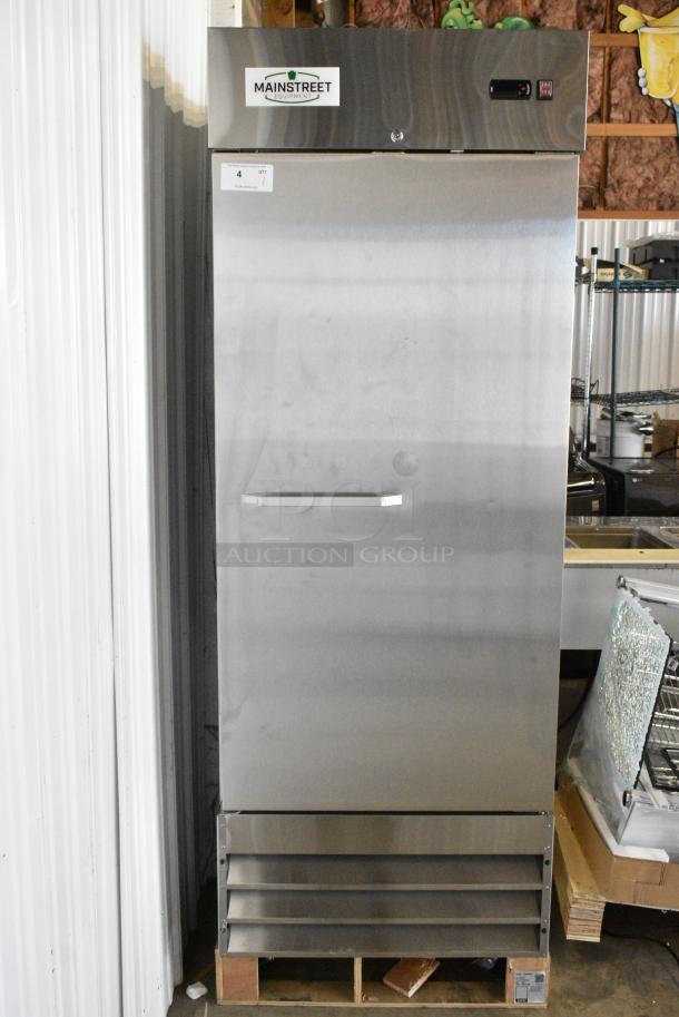 BRAND NEW SCRATCH AND DENT! 2023 Mainstreet 829BMR23F Stainless Steel Commercial Single Door Reach In Freezer w/ Poly Coated Racks. 115 Volts, 1 Phase. Tested and Powers On But Does Not Get Cold - Image 1 of 6