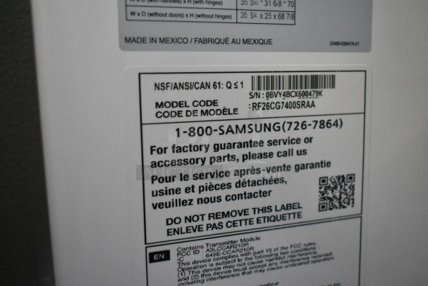 BRAND NEW SCRATCH AND DENT! Samsung RF26CG7400SR Stainless Steel French Style Cooler w/ 2 Freezer Drawers. 115 Volts, 1 Phase. Tested and Working! - Image 10 of 10