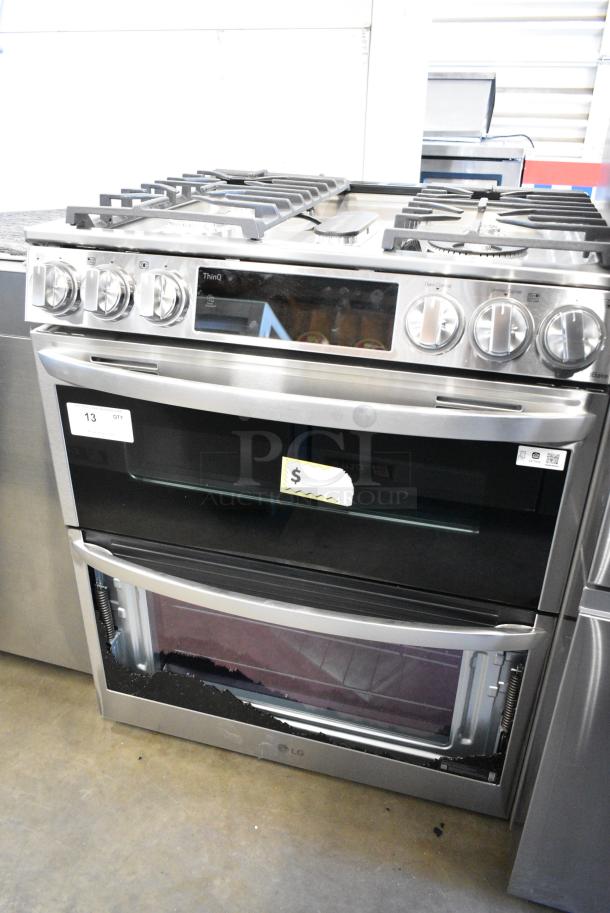 BRAND NEW SCRATCH AND DENT! ThinQ Stainless Steel Natural Gas Powered  4 Burner Range w/ 2 Ovens. See Pictures for Lower Oven's Broken Glass. - Image 1 of 9
