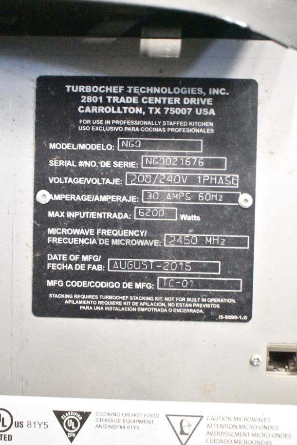 Turbochef NGO Metal Commercial Countertop Electric Powered Rapid Cook Oven. 208/240 Volts, 1 Phase. - Image 6 of 6