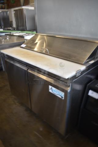 Avantco 178SSPT48HC Stainless Steel Commercial Sandwich Salad Prep Table Bain Marie Mega Top on Commercial Casters. 115 Volts, 1 Phase. Tested and Powers On But Does Not Get Cold