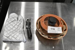 5 Items Including Oven Mitt, Metal Bowls. 5 Times Your Bid!