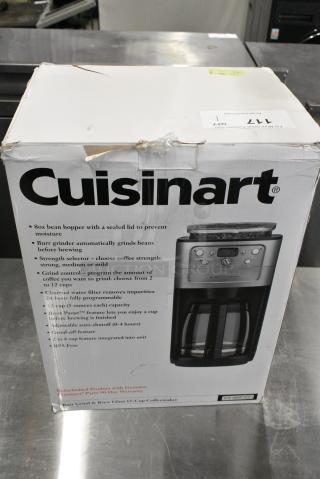 IN ORIGINAL BOX! Cuisinart Coffee Machine w/ Bean Grinder. 120 Volts, 1 Phase.