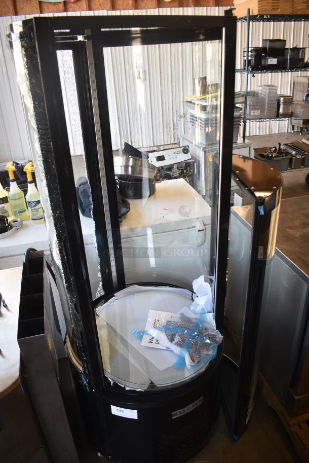 BRAND NEW SCRATCH AND DENT! Avantco 193BCR15HCB Black Circular Glass Refrigerated Display Case on Commercial Casters. See Pictures for Glass Damage. 110-120 Volts, 1 Phase. Tested and Working! - Image 1 of 10