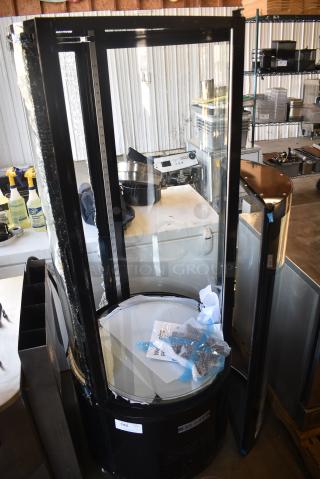 BRAND NEW SCRATCH AND DENT! Avantco 193BCR15HCB Black Circular Glass Refrigerated Display Case on Commercial Casters. See Pictures for Glass Damage. 110-120 Volts, 1 Phase. Tested and Working!