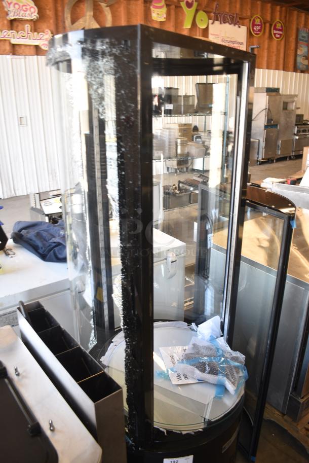 BRAND NEW SCRATCH AND DENT! Avantco 193BCR15HCB Black Circular Glass Refrigerated Display Case on Commercial Casters. See Pictures for Glass Damage. 110-120 Volts, 1 Phase. Tested and Working! - Image 2 of 10