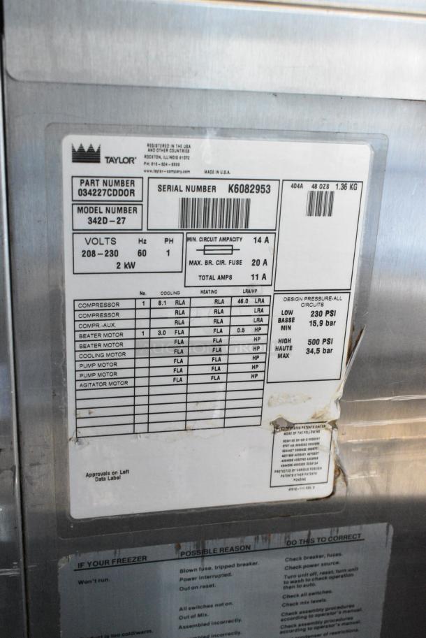 Taylor 342D-27 Stainless Steel Commercial Floor Style Air Cooled 2 Flavor Frozen Beverage Machine w/ Drink Mixing Attachment on Commercial Casters. 208-230 Volts, 1 Phase. - Image 11 of 11