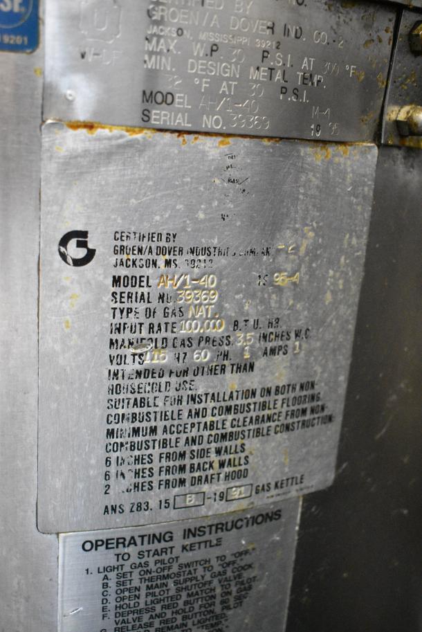 Groen AH/1-40 Stainless Steel Commercial Natural Gas Powered 40 Gallon Steam Kettle. 100,000 BTU. - Image 8 of 9