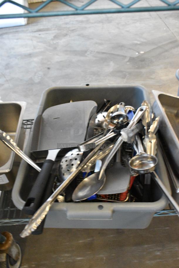 ALL ONE MONEY! Tier Lot of Various Items Including Utensils, Bus Bins and Metal Fryer Pieces. - Image 5 of 6