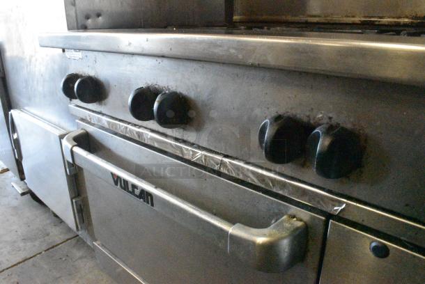 Vulcan 36S-Y1A Stainless Steel Commercial Natural Gas Powered 6 Burner Range w/ Oven, Over Shelf and Back Splash on Commercial Casters. - Image 5 of 8