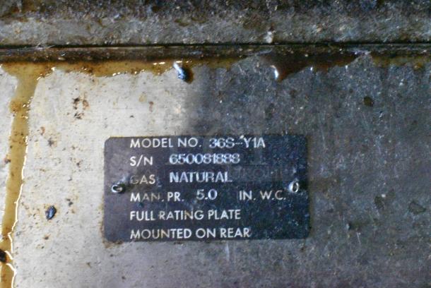 Vulcan 36S-Y1A Stainless Steel Commercial Natural Gas Powered 6 Burner Range w/ Oven, Over Shelf and Back Splash on Commercial Casters. - Image 8 of 8