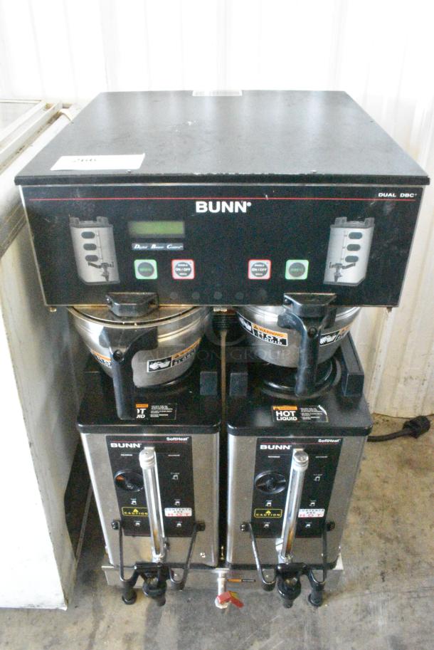 Bunn DUAL SH DBC Stainless Steel Commercial Countertop Double Coffee Machine w/ 2 Hot Water Dispenser, 2 Satellite Servers and 2 Brew Baskets. 120/208-240 Volts, 1 Phase. - Image 1 of 6