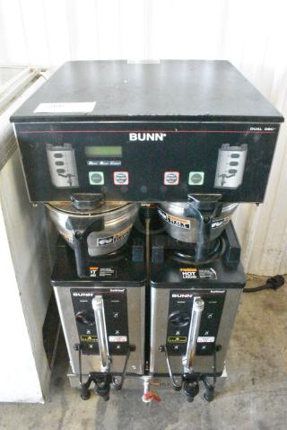 Bunn DUAL SH DBC Stainless Steel Commercial Countertop Double Coffee Machine w/ 2 Hot Water Dispenser, 2 Satellite Servers and 2 Brew Baskets. 120/208-240 Volts, 1 Phase.