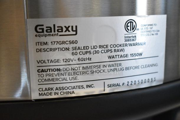 BRAND NEW SCRATCH AND DENT! Galaxy 177GRCS60 60 Cup (30 Cup Raw) Sealed Electric Rice Cooker / Warmer. 120 Volts, 1 Phase. - Image 8 of 9