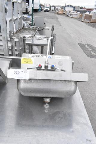 Stainless Steel Single Bay Wall Mount Sink w/ Faucet and Handles.