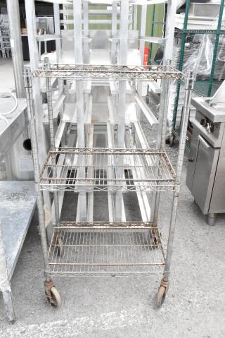 Chrome Finish 3 Tier Wire Shelving Unit on Commercial Casters. BUYER MUST DISMANTLE. PCI CANNOT DISMANTLE FOR SHIPPING. PLEASE CONSIDER FREIGHT CHARGES.