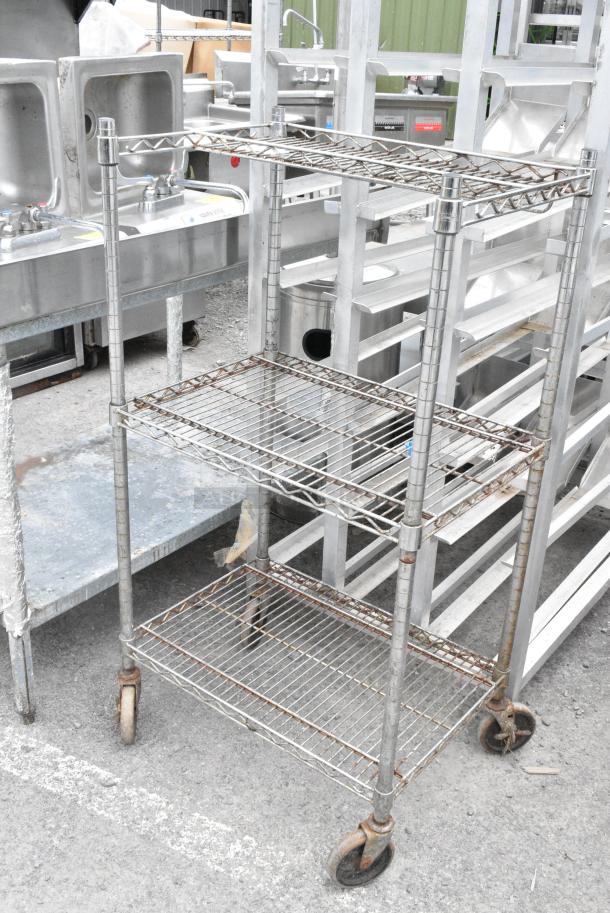 Chrome Finish 3 Tier Wire Shelving Unit on Commercial Casters. BUYER MUST DISMANTLE. PCI CANNOT DISMANTLE FOR SHIPPING. PLEASE CONSIDER FREIGHT CHARGES. - Image 6 of 7