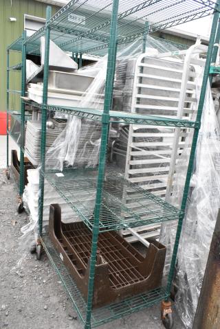 Green Finish 4 Tier Wire Shelving Unit w/ Brown Poly Dunnage Rack. BUYER MUST DISMANTLE. PCI CANNOT DISMANTLE FOR SHIPPING. PLEASE CONSIDER FREIGHT CHARGES.