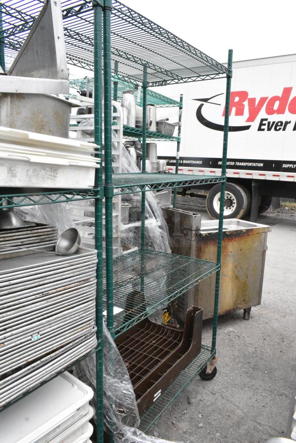 Green Finish 4 Tier Wire Shelving Unit w/ Brown Poly Dunnage Rack. BUYER MUST DISMANTLE. PCI CANNOT DISMANTLE FOR SHIPPING. PLEASE CONSIDER FREIGHT CHARGES. - Image 2 of 7