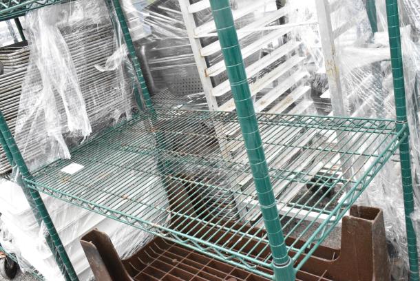 Green Finish 4 Tier Wire Shelving Unit w/ Brown Poly Dunnage Rack. BUYER MUST DISMANTLE. PCI CANNOT DISMANTLE FOR SHIPPING. PLEASE CONSIDER FREIGHT CHARGES. - Image 6 of 7