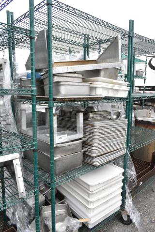Green Finish 4 Tier Wire Shelving Unit on Commercial Casters w/ Contents Including Metal Baking Pans, Poly Dough Bins and Shelf. BUYER MUST DISMANTLE. PCI CANNOT DISMANTLE FOR SHIPPING. PLEASE CONSIDER FREIGHT CHARGES.