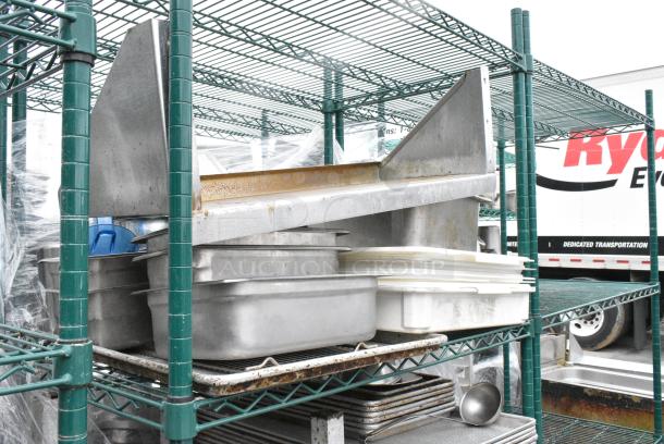 Green Finish 4 Tier Wire Shelving Unit on Commercial Casters w/ Contents Including Metal Baking Pans, Poly Dough Bins and Shelf. BUYER MUST DISMANTLE. PCI CANNOT DISMANTLE FOR SHIPPING. PLEASE CONSIDER FREIGHT CHARGES. - Image 3 of 11