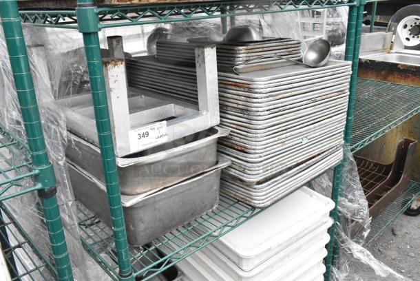 Green Finish 4 Tier Wire Shelving Unit on Commercial Casters w/ Contents Including Metal Baking Pans, Poly Dough Bins and Shelf. BUYER MUST DISMANTLE. PCI CANNOT DISMANTLE FOR SHIPPING. PLEASE CONSIDER FREIGHT CHARGES. - Image 4 of 11