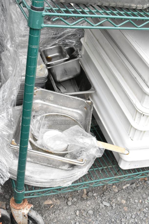 Green Finish 4 Tier Wire Shelving Unit on Commercial Casters w/ Contents Including Metal Baking Pans, Poly Dough Bins and Shelf. BUYER MUST DISMANTLE. PCI CANNOT DISMANTLE FOR SHIPPING. PLEASE CONSIDER FREIGHT CHARGES. - Image 6 of 11