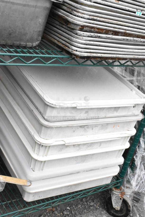 Green Finish 4 Tier Wire Shelving Unit on Commercial Casters w/ Contents Including Metal Baking Pans, Poly Dough Bins and Shelf. BUYER MUST DISMANTLE. PCI CANNOT DISMANTLE FOR SHIPPING. PLEASE CONSIDER FREIGHT CHARGES. - Image 7 of 11