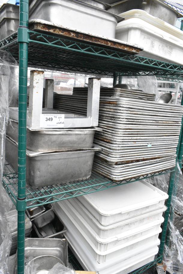 Green Finish 4 Tier Wire Shelving Unit on Commercial Casters w/ Contents Including Metal Baking Pans, Poly Dough Bins and Shelf. BUYER MUST DISMANTLE. PCI CANNOT DISMANTLE FOR SHIPPING. PLEASE CONSIDER FREIGHT CHARGES. - Image 8 of 11