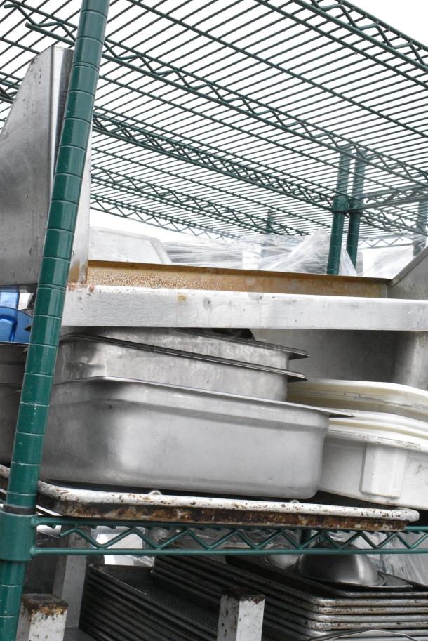 Green Finish 4 Tier Wire Shelving Unit on Commercial Casters w/ Contents Including Metal Baking Pans, Poly Dough Bins and Shelf. BUYER MUST DISMANTLE. PCI CANNOT DISMANTLE FOR SHIPPING. PLEASE CONSIDER FREIGHT CHARGES. - Image 10 of 11