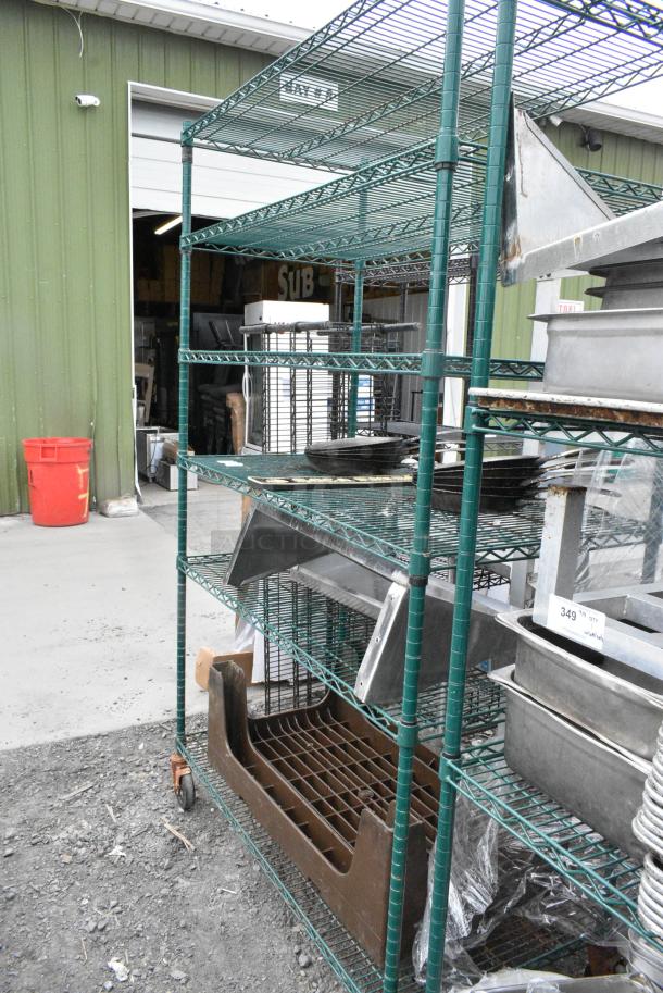 Green Finish 6 Tier Wire Shelving Unit on Commercial Casters w/ Contents Including Poly Dunnage Rack and Shelf. BUYER MUST DISMANTLE. PCI CANNOT DISMANTLE FOR SHIPPING. PLEASE CONSIDER FREIGHT CHARGES. - Image 3 of 10
