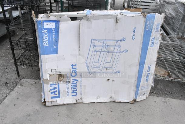 BRAND NEW SCRATCH AND DENT! Lavex 475CARTFD3LG 36 5/8" x 20" x 36 5/8" Large Black 3-Shelf Folding Plastic Utility Cart with Ergonomic Handles. May Be Missing Pieces. - Image 1 of 3
